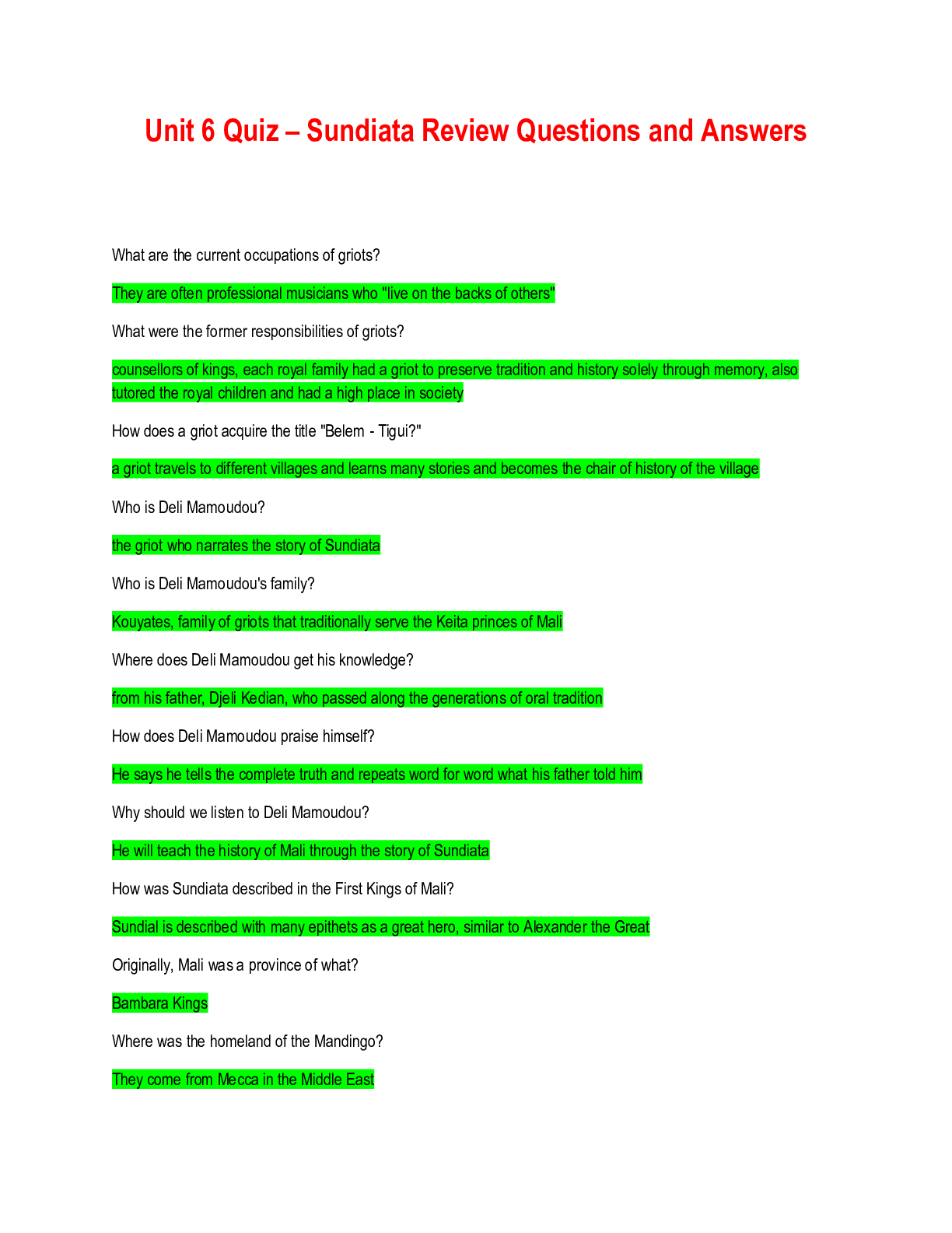 Preview image for Unit 6 Quiz – Sundiata Review Questions and Answers